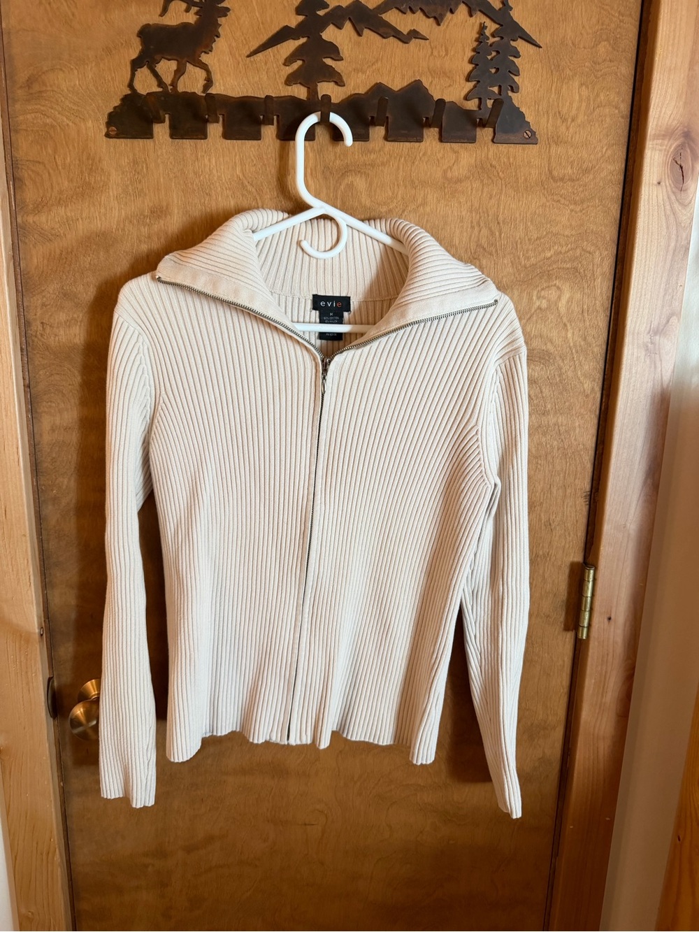 EVIE Cream Ribbed Cotton Zip-Up Cardigan Sweater